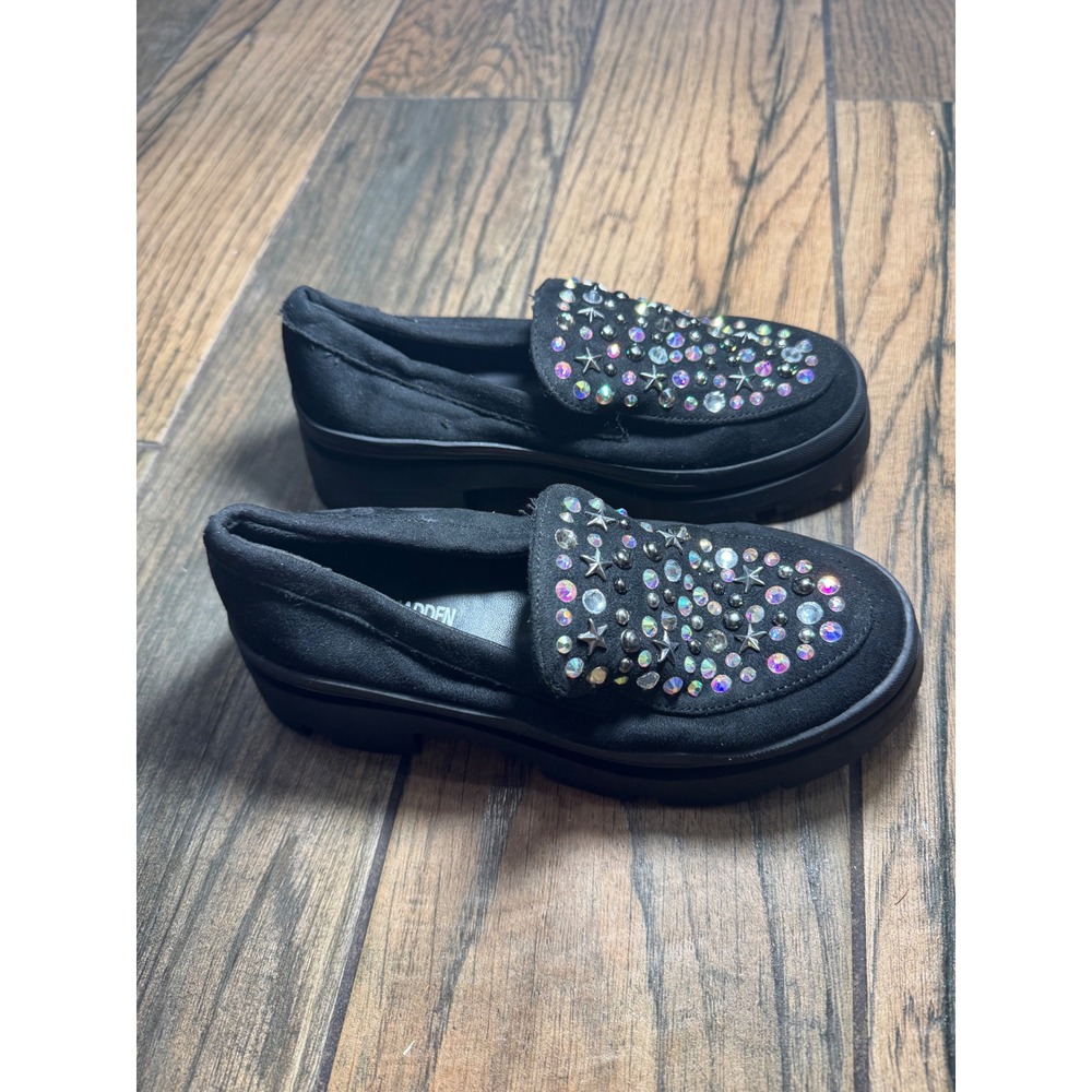 Steve Madden‎ Kids Black Star Studded Platform Loosy Loafers Rhinestone Shoes